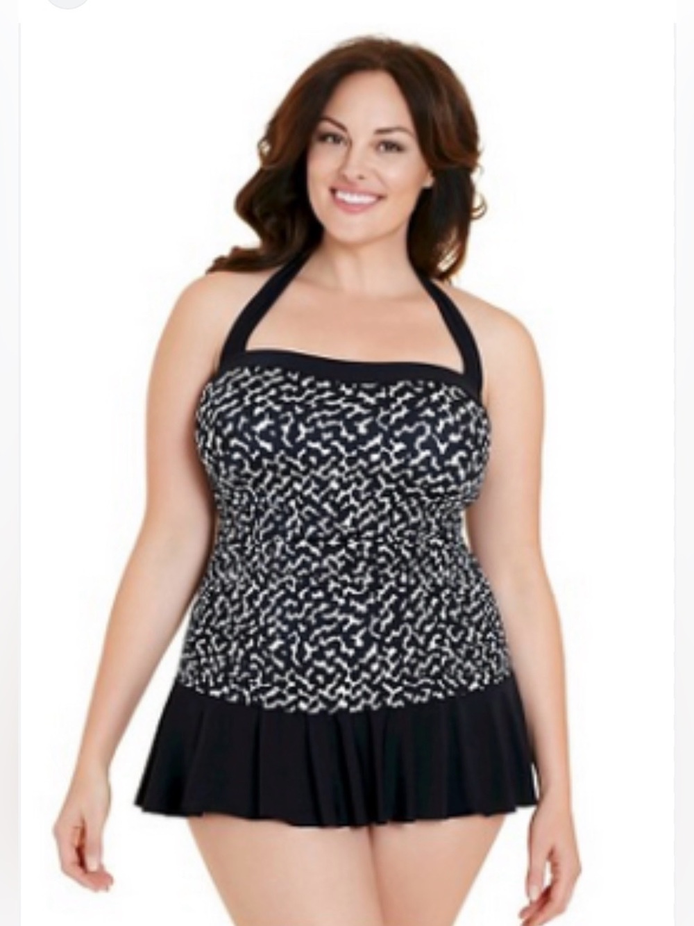 Aqua Green Black & White Halter Swimdress with Skirt